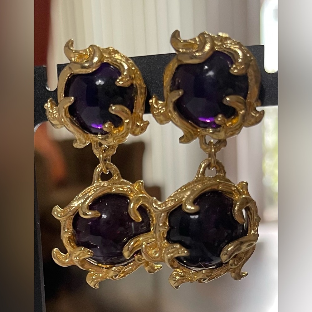 NEW Gold Double Circle Purple Gemstone Earrings. - Picture 3 of 4
